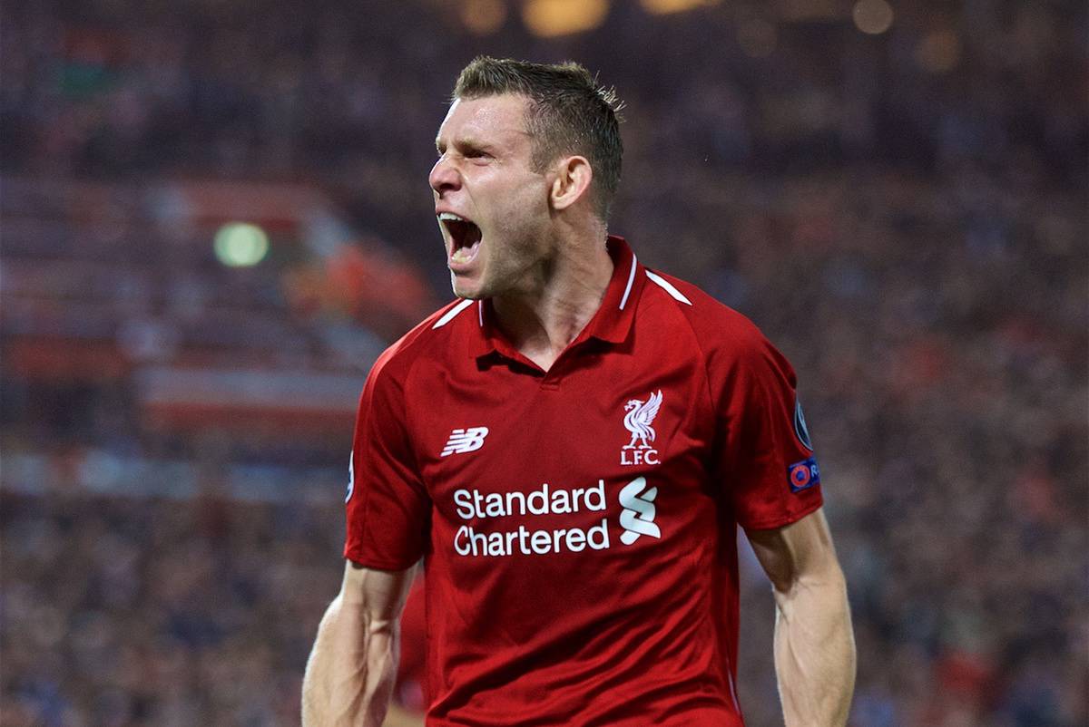 LIVERPOOL, ENGLAND - Tuesday, September 18, 2018: Liverpool's James Milner celebrates scoring the second goal from a penalty kick during the UEFA Champions League Group C match between Liverpool FC and Paris Saint-Germain at Anfield. (Pic by David Rawcliffe/Propaganda)