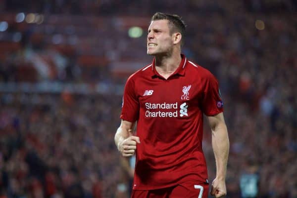 LIVERPOOL, ENGLAND - Tuesday, September 18, 2018: Liverpool's James Milner celebrates scoring the second goal from a penalty kick during the UEFA Champions League Group C match between Liverpool FC and Paris Saint-Germain at Anfield. (Pic by David Rawcliffe/Propaganda)