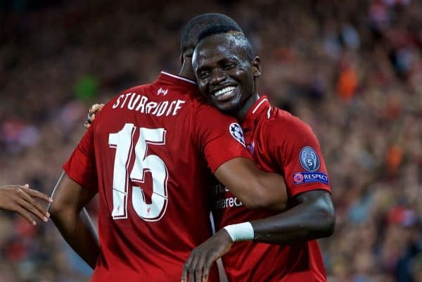 LIVERPOOL, ENGLAND - Tuesday, September 18, 2018: Liverpool's Daniel Sturridge celebrates scoring the first goal with team-mate Sadio Mane during the UEFA Champions League Group C match between Liverpool FC and Paris Saint-Germain at Anfield. (Pic by David Rawcliffe/Propaganda)