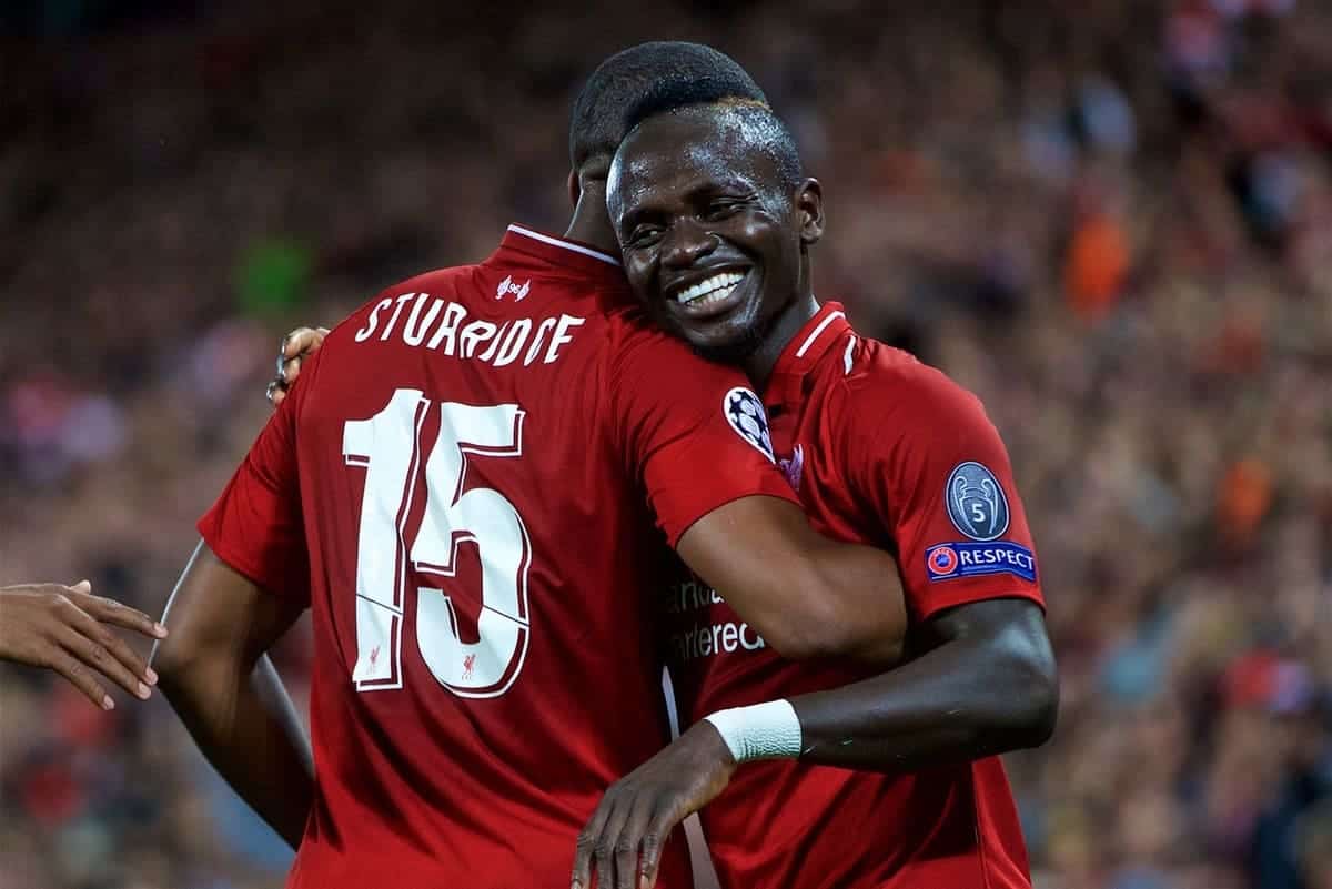 LIVERPOOL, ENGLAND - Tuesday, September 18, 2018: Liverpool's Daniel Sturridge celebrates scoring the first goal with team-mate Sadio Mane during the UEFA Champions League Group C match between Liverpool FC and Paris Saint-Germain at Anfield. (Pic by David Rawcliffe/Propaganda)