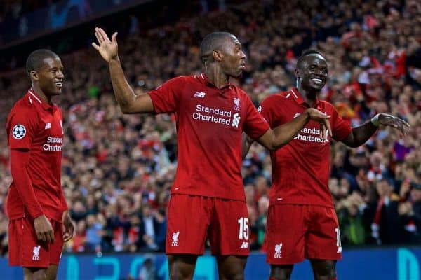 LIVERPOOL, ENGLAND - Tuesday, September 18, 2018: Liverpool's Daniel Sturridge (centre) celebrates scoring the first goal with team-mates Georginio Wijnaldum (left) and Sadio Mane (right)during the UEFA Champions League Group C match between Liverpool FC and Paris Saint-Germain at Anfield. (Pic by David Rawcliffe/Propaganda)