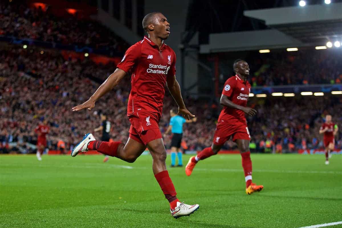 LIVERPOOL, ENGLAND - Tuesday, September 18, 2018: Liverpool's Daniel Sturridge celebrates scoring the first goal during the UEFA Champions League Group C match between Liverpool FC and Paris Saint-Germain at Anfield. (Pic by David Rawcliffe/Propaganda)