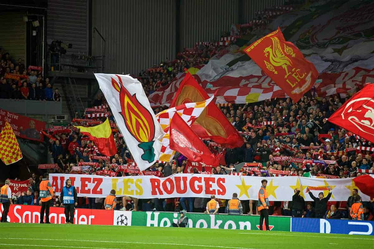 LIVERPOOL, ENGLAND - Tuesday, September 18, 2018: Liverpool supporters' banner on the Spion Kop "Allez Les Rouges" during the UEFA Champions League Group C match between Liverpool FC and Paris Saint-Germain at Anfield. (Pic by David Rawcliffe/Propaganda)