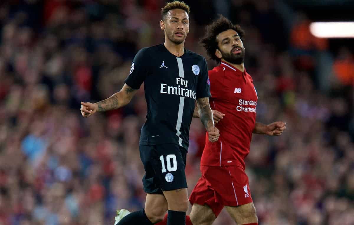 LIVERPOOL, ENGLAND - Tuesday, September 18, 2018: Paris Saint-Germain's Neymar da Silva Santos Júnior and Liverpool's Mohamed Salah during the UEFA Champions League Group C match between Liverpool FC and Paris Saint-Germain at Anfield. (Pic by David Rawcliffe/Propaganda)