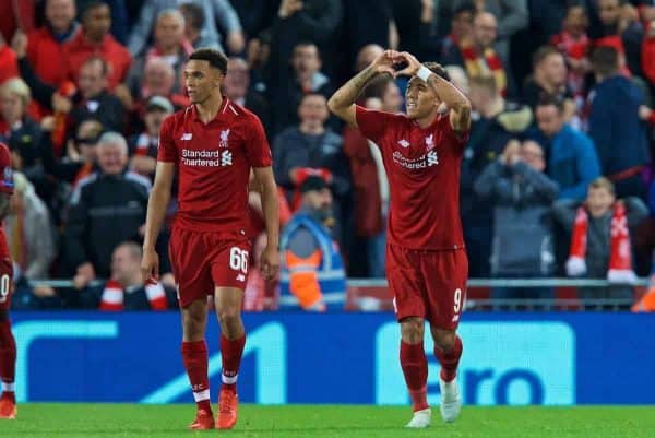 LIVERPOOL, ENGLAND - Tuesday, September 18, 2018: Liverpool's Roberto Firmino celebrates scoring the third goal during the UEFA Champions League Group C match between Liverpool FC and Paris Saint-Germain at Anfield. (Pic by David Rawcliffe/Propaganda)