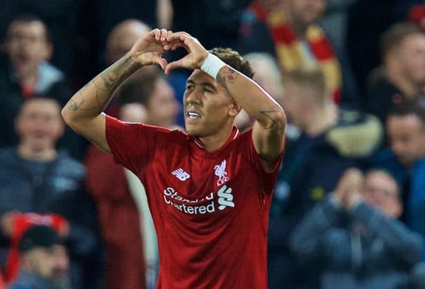 LIVERPOOL, ENGLAND - Tuesday, September 18, 2018: Liverpool's Roberto Firmino celebrates scoring the third goal during the UEFA Champions League Group C match between Liverpool FC and Paris Saint-Germain at Anfield. (Pic by David Rawcliffe/Propaganda)