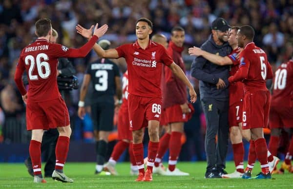 LIVERPOOL, ENGLAND - Tuesday, September 18, 2018: Liverpool's Trent Alexander-Arnold and Andy Robertson celebrate the victory after the UEFA Champions League Group C match between Liverpool FC and Paris Saint-Germain at Anfield. Liverpool won 3-2. (Pic by David Rawcliffe/Propaganda)