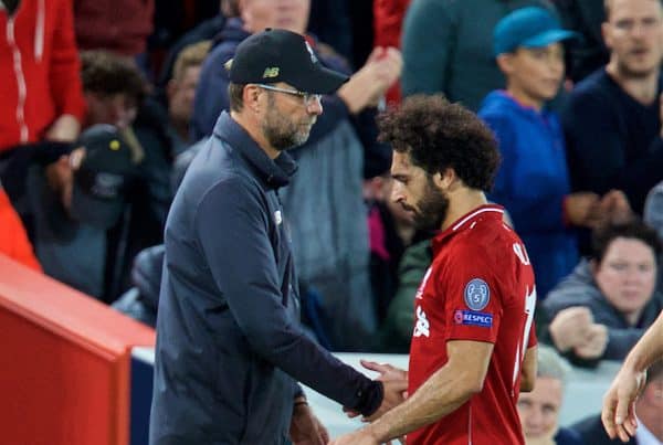 LIVERPOOL, ENGLAND - Tuesday, September 18, 2018: Liverpool's Mohamed Salah is substituted by manager J¸rgen Klopp during the UEFA Champions League Group C match between Liverpool FC and Paris Saint-Germain at Anfield. (Pic by David Rawcliffe/Propaganda)