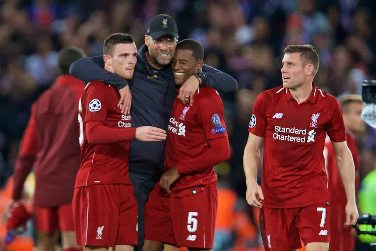 LIVERPOOL, ENGLAND - Tuesday, September 18, 2018: Liverpool's manager Jürgen Klopp (2nd left) celebrates with Andy Robertson (left), Georginio Wijnaldum (2nd right) and James Milner (right) after the UEFA Champions League Group C match between Liverpool FC and Paris Saint-Germain at Anfield. Liverpool won 3-2. (Pic by David Rawcliffe/Propaganda)