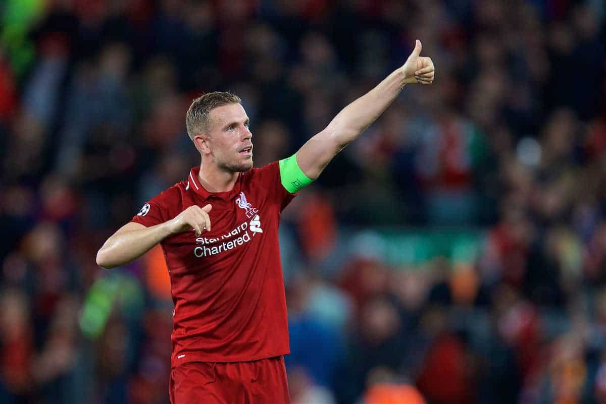 LIVERPOOL, ENGLAND - Tuesday, September 18, 2018: Liverpool's captain Jordan Henderson celebrates after the UEFA Champions League Group C match between Liverpool FC and Paris Saint-Germain at Anfield. Liverpool won 3-2. (Pic by David Rawcliffe/Propaganda)
