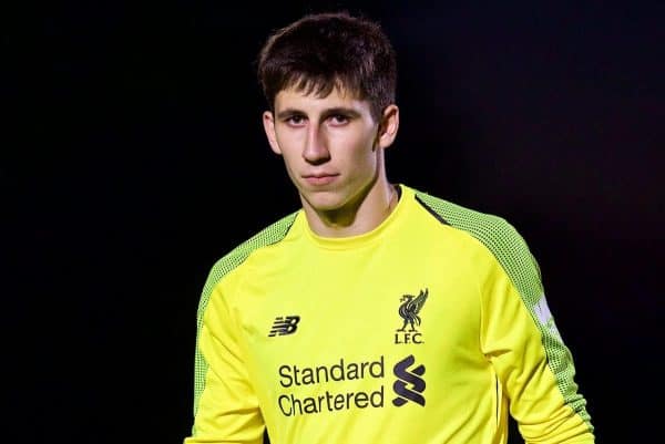 LONDON, ENGLAND - Friday, August 17, 2018: Liverpool's goalkeeper Kamil Grabara during the Under-23 FA Premier League 2 Division 1 match between Arsenal FC and Liverpool FC at Meadow Park. (Pic by David Rawcliffe/Propaganda)