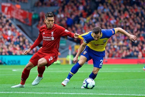 LIVERPOOL, ENGLAND - Saturday, September 22, 2018: Liverpool's Roberto Firmino and Southampton's Cedric Soares during the FA Premier League match between Liverpool FC and Southampton FC at Anfield. (Pic by Jon Super/Propaganda)