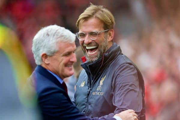 LIVERPOOL, ENGLAND - Saturday, September 22, 2018: Liverpool's manager Jürgen Klopp and Southampton's manager Mark Hughes share a joke before the FA Premier League match between Liverpool FC and Southampton FC at Anfield. (Pic by Jon Super/Propaganda)