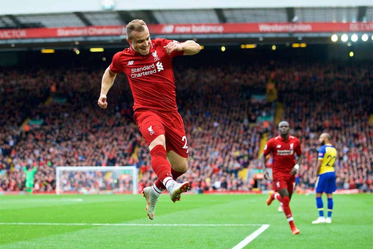 LIVERPOOL, ENGLAND - Saturday, September 22, 2018: Liverpool's Xherdan Shaqiri celebrates creating the first goal, an own goal by Wesley Hoedt, during the FA Premier League match between Liverpool FC and Southampton FC at Anfield. (Pic by Jon Super/Propaganda)