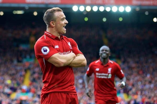 LIVERPOOL, ENGLAND - Saturday, September 22, 2018: Liverpool's Xherdan Shaqiri celebrates creating the first goal, an own goal by Wesley Hoedt, during the FA Premier League match between Liverpool FC and Southampton FC at Anfield. (Pic by Jon Super/Propaganda)