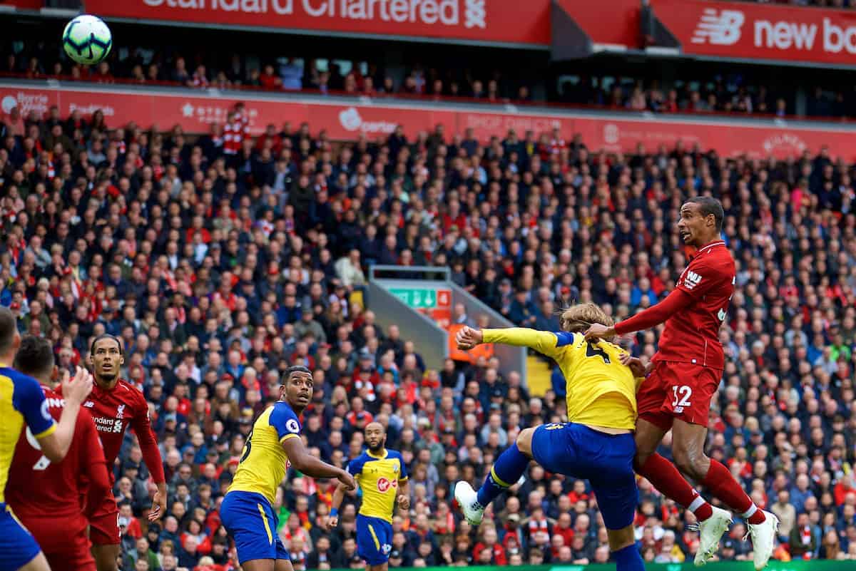 LIVERPOOL, ENGLAND - Saturday, September 22, 2018: Liverpool's Joel Matip scores the second goal during the FA Premier League match between Liverpool FC and Southampton FC at Anfield. (Pic by Jon Super/Propaganda)