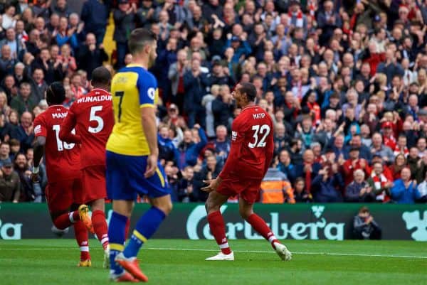 LIVERPOOL, ENGLAND - Saturday, September 22, 2018: Liverpool's Joel Matip celebrates scoring the second goal during the FA Premier League match between Liverpool FC and Southampton FC at Anfield. (Pic by Jon Super/Propaganda)