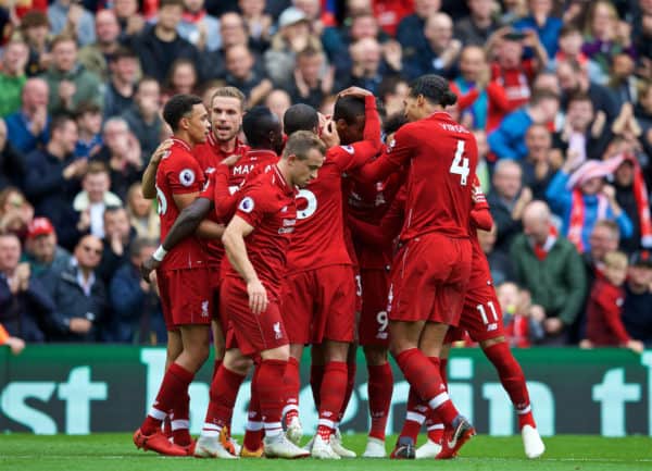 LIVERPOOL, ENGLAND - Saturday, September 22, 2018: Liverpool's Joel Matip (3rd from right) celebrates scoring the second goal with team-mates during the FA Premier League match between Liverpool FC and Southampton FC at Anfield. (Pic by Jon Super/Propaganda)
