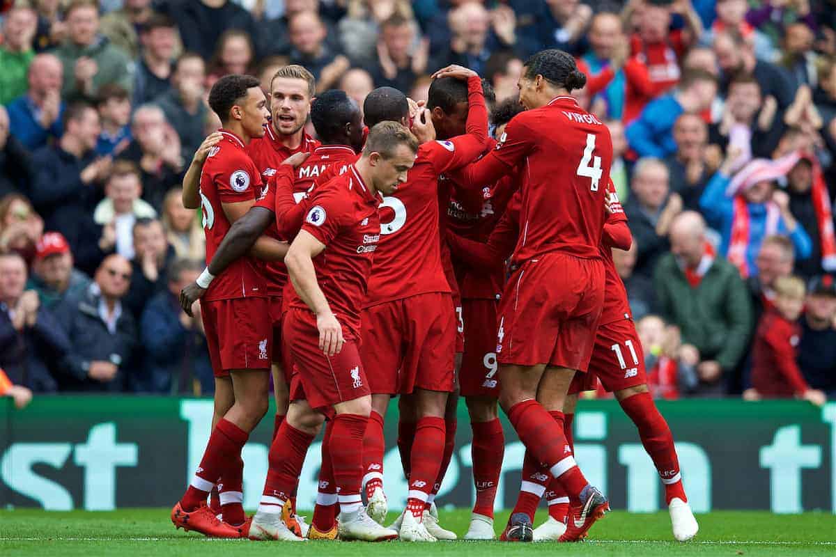 LIVERPOOL, ENGLAND - Saturday, September 22, 2018: Liverpool's Joel Matip (3rd from right) celebrates scoring the second goal with team-mates during the FA Premier League match between Liverpool FC and Southampton FC at Anfield. (Pic by Jon Super/Propaganda)