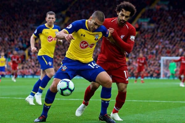 LIVERPOOL, ENGLAND - Saturday, September 22, 2018: Southampton's Oriol Romeu (left) and Liverpool's Mohamed Salah during the FA Premier League match between Liverpool FC and Southampton FC at Anfield. (Pic by Jon Super/Propaganda)