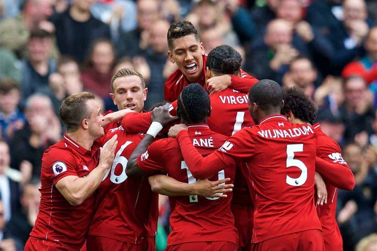 LIVERPOOL, ENGLAND - Saturday, September 22, 2018: Liverpool players celebrate with Joel Matip (hidden) after he scored the second goal during the FA Premier League match between Liverpool FC and Southampton FC at Anfield. (Pic by Jon Super/Propaganda)