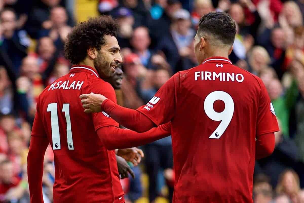 LIVERPOOL, ENGLAND - Saturday, September 22, 2018: Liverpool's Mohamed Salah (#11) celebrates scoring the third goal with team-mate Roberto Firmino during the FA Premier League match between Liverpool FC and Southampton FC at Anfield. (Pic by Jon Super/Propaganda)