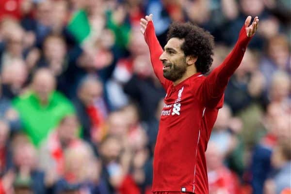 LIVERPOOL, ENGLAND - Saturday, September 22, 2018: Liverpool's Mohamed Salah celebrates scoring the third goal during the FA Premier League match between Liverpool FC and Southampton FC at Anfield. (Pic by Jon Super/Propaganda)