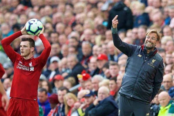 LIVERPOOL, ENGLAND - Saturday, September 22, 2018: Liverpool's manager Jürgen Klopp reacts as Andy Robertson takes a throw-in during the FA Premier League match between Liverpool FC and Southampton FC at Anfield. (Pic by Jon Super/Propaganda)