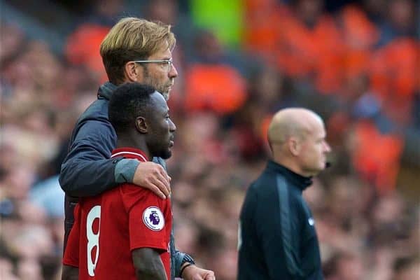 LIVERPOOL, ENGLAND - Saturday, September 22, 2018: Liverpool's manager J¸rgen Klopp prepares to bring on substitute Naby Keita during the FA Premier League match between Liverpool FC and Southampton FC at Anfield. (Pic by Jon Super/Propaganda)