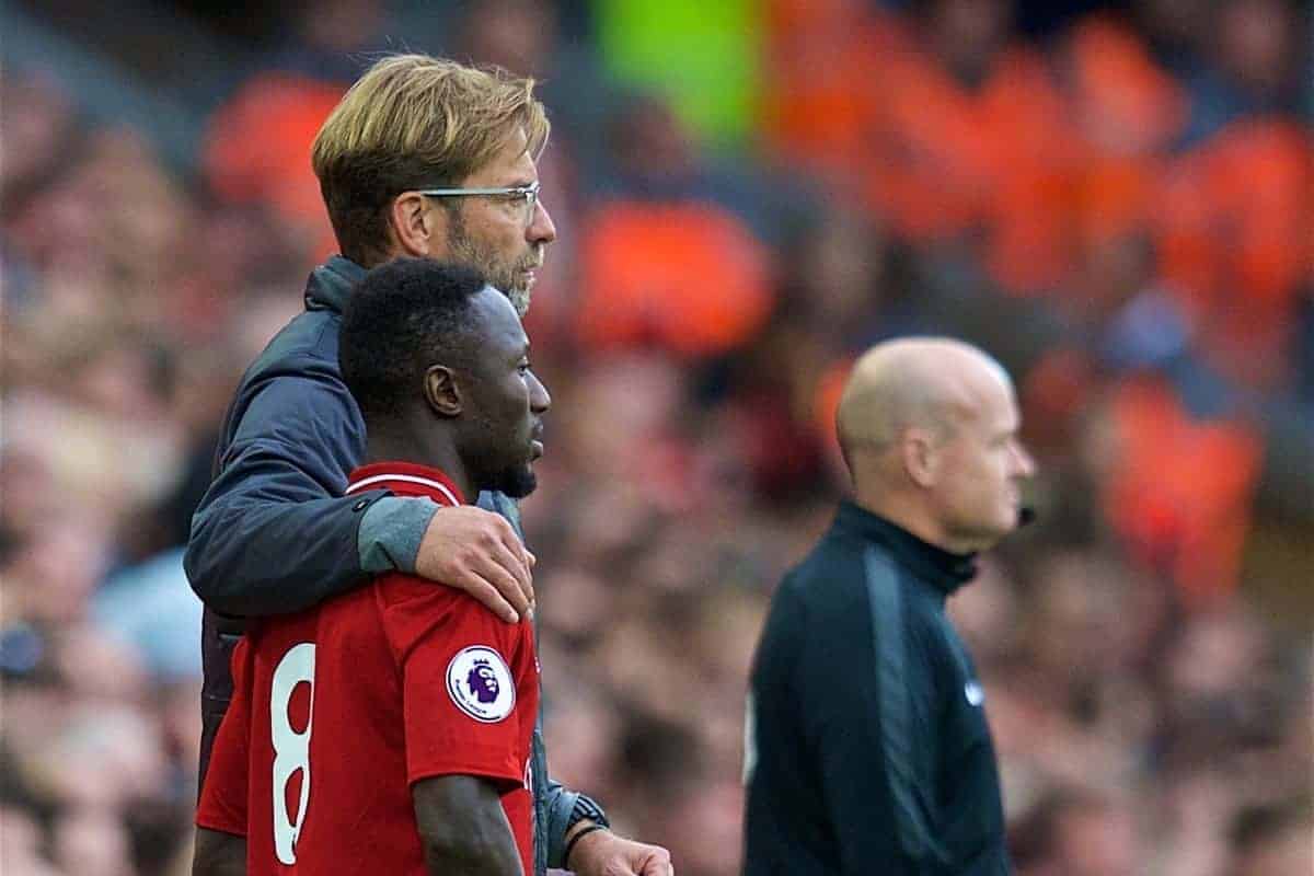 LIVERPOOL, ENGLAND - Saturday, September 22, 2018: Liverpool's manager J¸rgen Klopp prepares to bring on substitute Naby Keita during the FA Premier League match between Liverpool FC and Southampton FC at Anfield. (Pic by Jon Super/Propaganda)