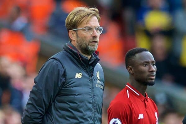 LIVERPOOL, ENGLAND - Saturday, September 22, 2018: Liverpool's manager J¸rgen Klopp prepares to bring on substitute Naby Keita during the FA Premier League match between Liverpool FC and Southampton FC at Anfield. (Pic by Jon Super/Propaganda)