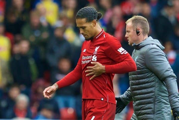 LIVERPOOL, ENGLAND - Saturday, September 22, 2018: Liverpool's Virgil van Dijk walks off with an injury during the FA Premier League match between Liverpool FC and Southampton FC at Anfield. (Pic by Jon Super/Propaganda)