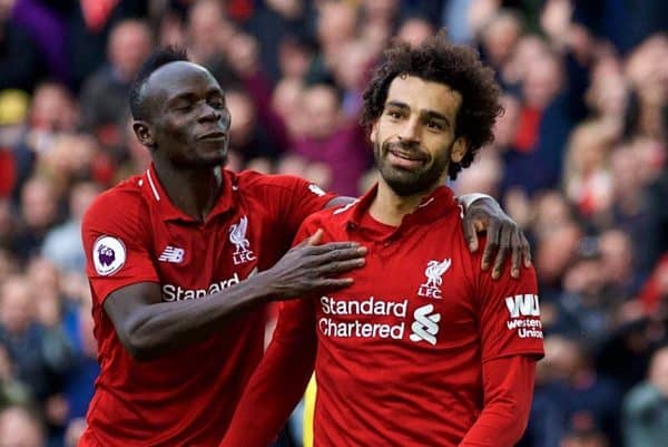 LIVERPOOL, ENGLAND - Saturday, September 22, 2018: Liverpool's Mohamed Salah (right) celebrates with Sadio Mane only to see his goal disallowed during the FA Premier League match between Liverpool FC and Southampton FC at Anfield. (Pic by Jon Super/Propaganda)