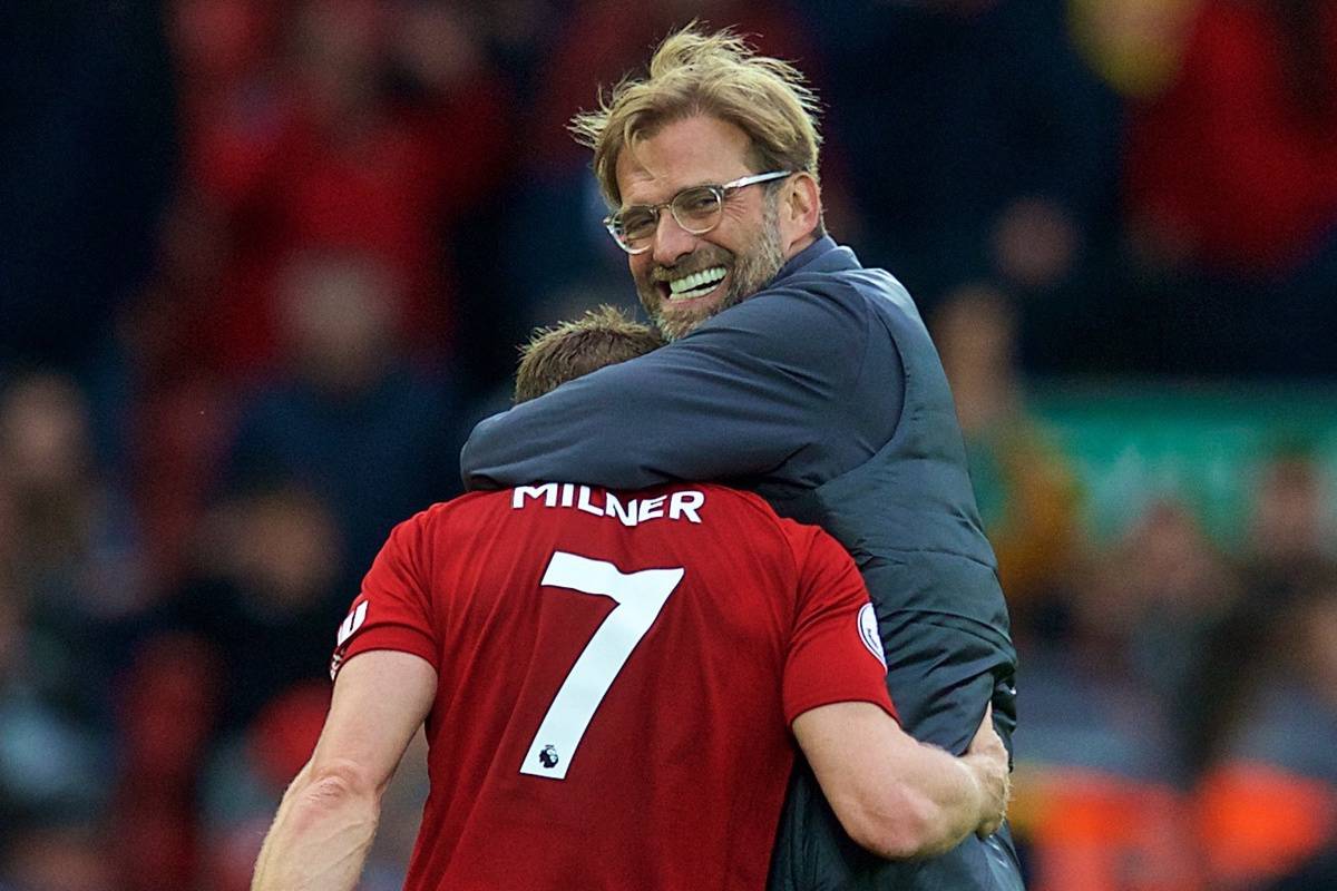 LIVERPOOL, ENGLAND - Saturday, September 22, 2018: Liverpool's manager J¸rgen Klopp hugs substitute James Milner after the FA Premier League match between Liverpool FC and Southampton FC at Anfield. Liverpool won 3-0. (Pic by Jon Super/Propaganda)