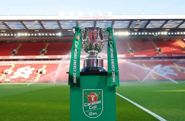 LIVERPOOL, ENGLAND - Wednesday, September 26, 2018: The Football League Cup trophy, with Carabao branding, on display before the Football League Cup 3rd Round match between Liverpool FC and Chelsea FC at Anfield. (Pic by David Rawcliffe/Propaganda)