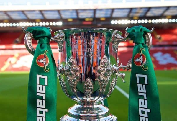 LIVERPOOL, ENGLAND - Wednesday, September 26, 2018: The Football League Cup trophy, with Carabao branding, on display before the Football League Cup 3rd Round match between Liverpool FC and Chelsea FC at Anfield. (Pic by David Rawcliffe/Propaganda)