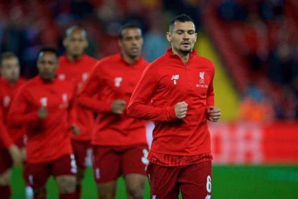 LIVERPOOL, ENGLAND - Wednesday, September 26, 2018: Liverpool's Dejan Lovren during the pre-match warm-up before the Football League Cup 3rd Round match between Liverpool FC and Chelsea FC at Anfield. (Pic by David Rawcliffe/Propaganda)