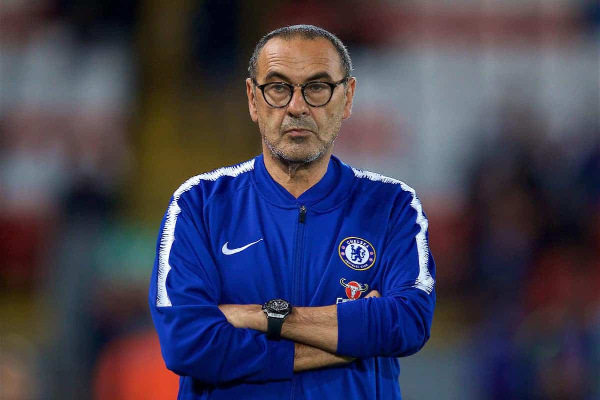 LIVERPOOL, ENGLAND - Wednesday, September 26, 2018: Chelsea's manager Maurizio Sarri during the pre-match warm-up before the Football League Cup 3rd Round match between Liverpool FC and Chelsea FC at Anfield. (Pic by David Rawcliffe/Propaganda)