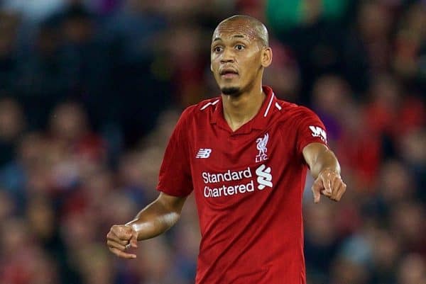 LIVERPOOL, ENGLAND - Wednesday, September 26, 2018: Liverpool's Fabio Henrique Tavares 'Fabinho' during the Football League Cup 3rd Round match between Liverpool FC and Chelsea FC at Anfield. (Pic by David Rawcliffe/Propaganda)