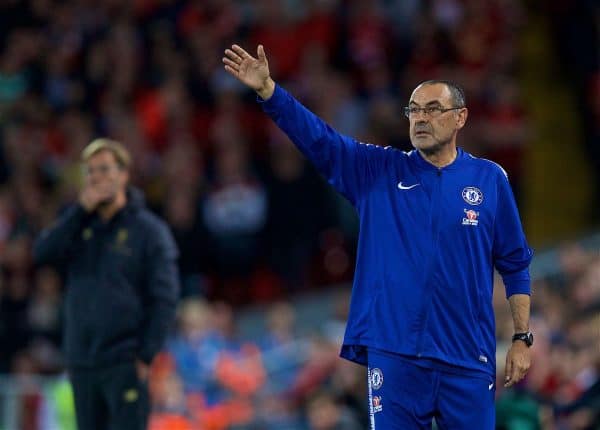 LIVERPOOL, ENGLAND - Wednesday, September 26, 2018: Chelsea's manager Maurizio Sarri during the Football League Cup 3rd Round match between Liverpool FC and Chelsea FC at Anfield. (Pic by David Rawcliffe/Propaganda)