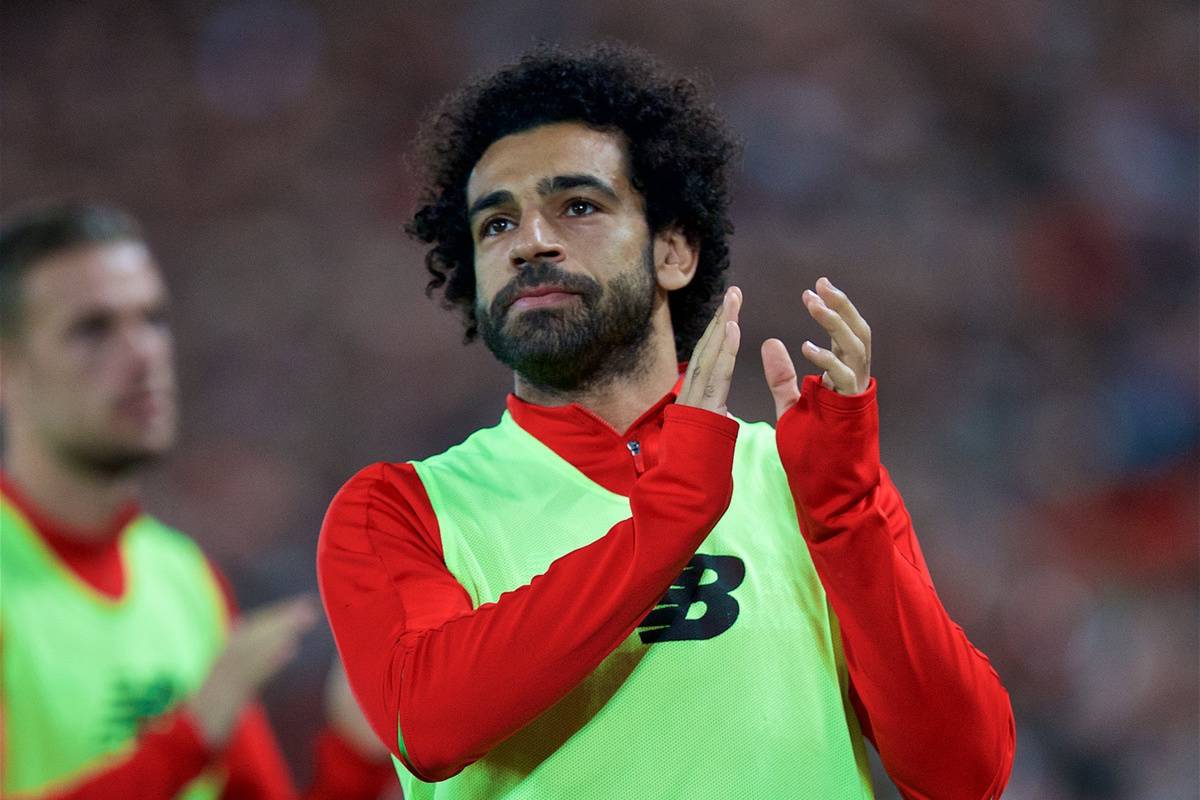 LIVERPOOL, ENGLAND - Wednesday, September 26, 2018: Liverpool's Mohamed Salah warms-up as a substitute during the Football League Cup 3rd Round match between Liverpool FC and Chelsea FC at Anfield. (Pic by David Rawcliffe/Propaganda)