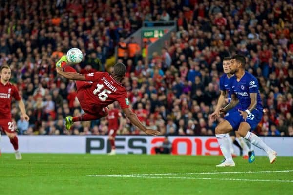 LIVERPOOL, ENGLAND - Wednesday, September 26, 2018: Liverpool's Daniel Sturridge scores the first goal during the Football League Cup 3rd Round match between Liverpool FC and Chelsea FC at Anfield. (Pic by David Rawcliffe/Propaganda)