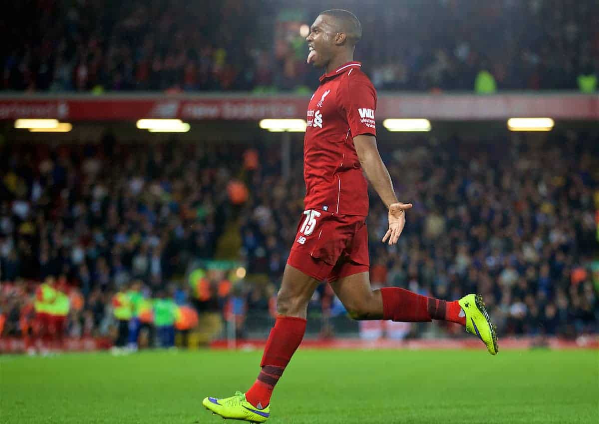 LIVERPOOL, ENGLAND - Wednesday, September 26, 2018: Liverpool's Daniel Sturridge celebrates scoring the first goal during the Football League Cup 3rd Round match between Liverpool FC and Chelsea FC at Anfield. (Pic by David Rawcliffe/Propaganda)