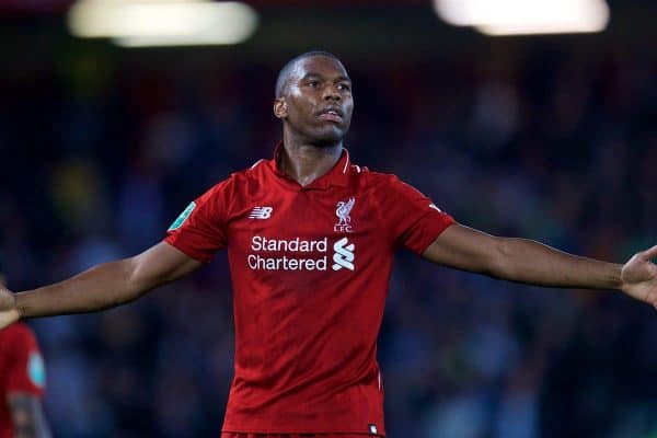 LIVERPOOL, ENGLAND - Wednesday, September 26, 2018: Liverpool's Daniel Sturridge celebrates scoring the first goal during the Football League Cup 3rd Round match between Liverpool FC and Chelsea FC at Anfield. (Pic by David Rawcliffe/Propaganda)