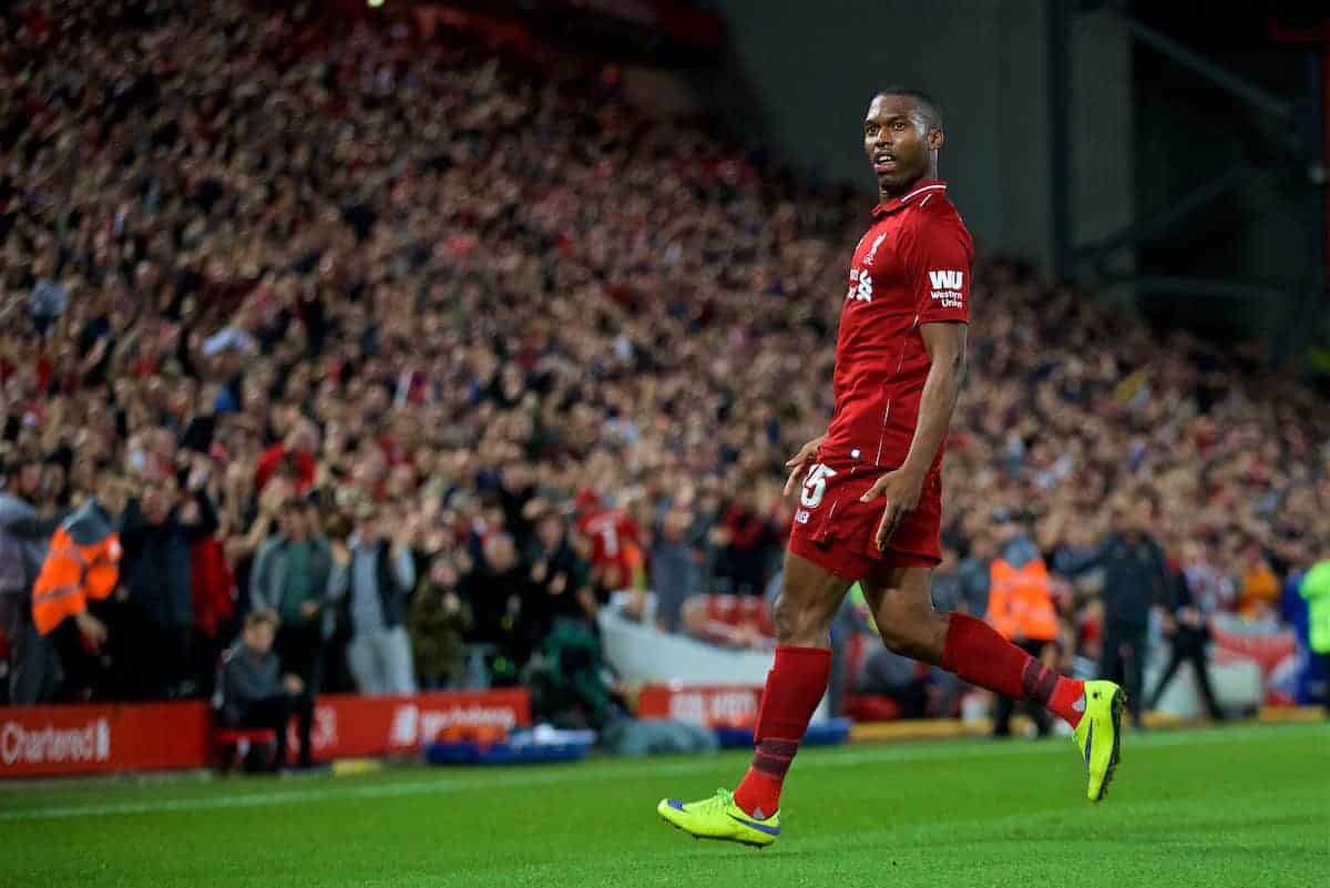 LIVERPOOL, ENGLAND - Wednesday, September 26, 2018: Liverpool's Daniel Sturridge celebrates scoring the first goal during the Football League Cup 3rd Round match between Liverpool FC and Chelsea FC at Anfield. (Pic by David Rawcliffe/Propaganda)