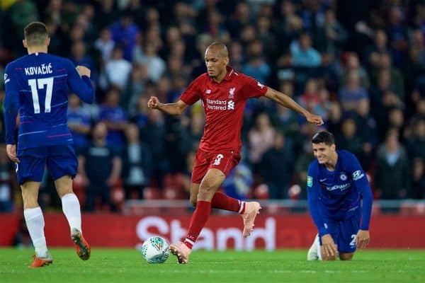 LIVERPOOL, ENGLAND - Wednesday, September 26, 2018: Liverpool's Fabio Henrique Tavares 'Fabinho' during the Football League Cup 3rd Round match between Liverpool FC and Chelsea FC at Anfield. (Pic by David Rawcliffe/Propaganda)