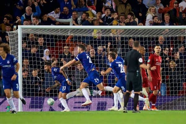 LIVERPOOL, ENGLAND - Wednesday, September 26, 2018: Chelsea's Emerson Palmieri dos Santos celebrates scoring the equalising goal during the Football League Cup 3rd Round match between Liverpool FC and Chelsea FC at Anfield. (Pic by David Rawcliffe/Propaganda)