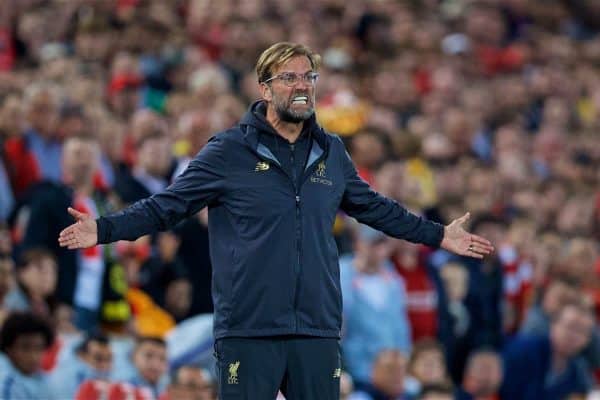 LIVERPOOL, ENGLAND - Wednesday, September 26, 2018: Liverpool's manager J¸rgen Klopp reacts during the Football League Cup 3rd Round match between Liverpool FC and Chelsea FC at Anfield. (Pic by David Rawcliffe/Propaganda)