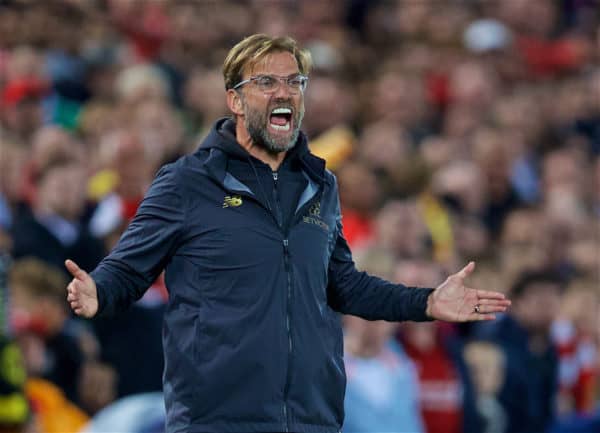 LIVERPOOL, ENGLAND - Wednesday, September 26, 2018: Liverpool's manager JÃ¼rgen Klopp reacts during the Football League Cup 3rd Round match between Liverpool FC and Chelsea FC at Anfield. (Pic by David Rawcliffe/Propaganda)