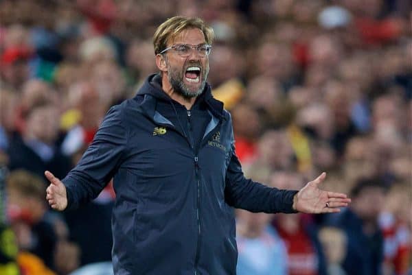 LIVERPOOL, ENGLAND - Wednesday, September 26, 2018: Liverpool's manager Jürgen Klopp reacts during the Football League Cup 3rd Round match between Liverpool FC and Chelsea FC at Anfield. (Pic by David Rawcliffe/Propaganda)